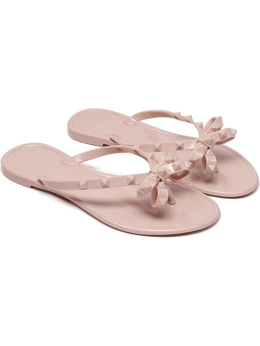 Women's Beige Thong Open Toe Jelly Bow Stud Slip On Studded Flat Sandal Shoes